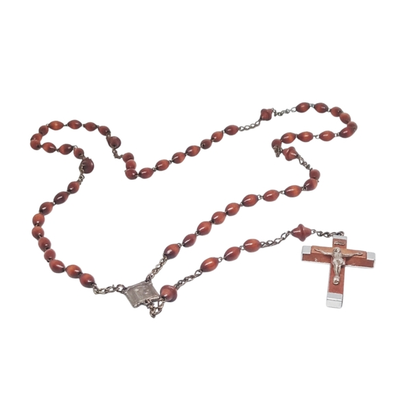 .Lourdes Rosary with Silver Metal and Brown Wood Cross. Made in France - Picture 2 of 8